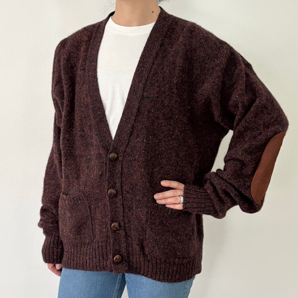 Vintage Scottish 100% Shetland Wool Cardigan Womens' XL Burgundy with Leather